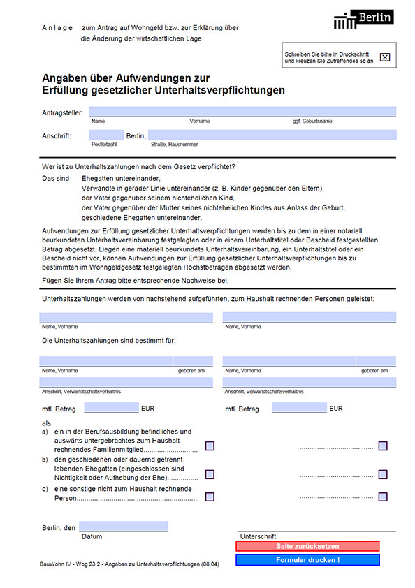 Wohngeld Ergänzung Angaben zu Unterhaltsverpflichtungen