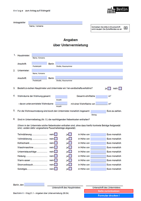 Wohngeld Ergänzung Angaben über Untervermietungen